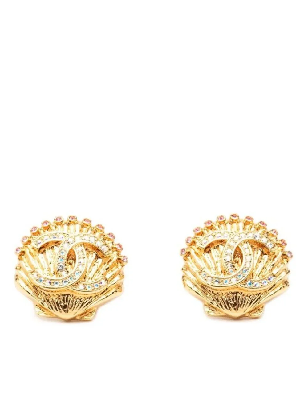 Chanel CC Logo Shell Motif Stud Earrings Gold Plated Rhinestone